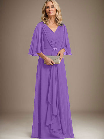 A-line V-Neck Floor-Length Chiffon Mother of the Bride Dress With Cascading Ruffles Crystal Brooch