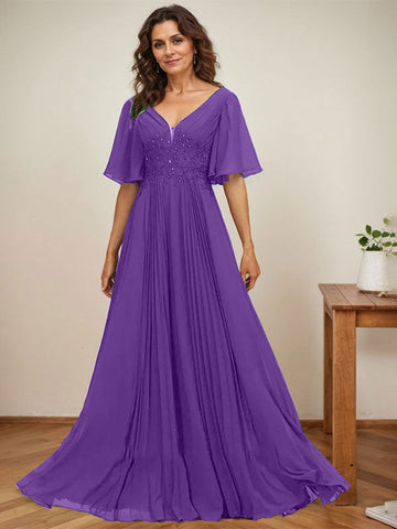 A-line V-Neck Floor-Length Chiffon Mother of the Bride Dress With Sequins Appliques Lace Pleated