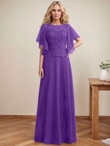 A-line Scoop Illusion Floor-Length Lace Chiffon Mother of the Bride Dress With Sequins