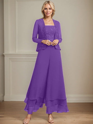 Separates Jumpsuit/Pantsuit Square Ankle-Length Lace Chiffon Mother of the Bride Dress With Sequins