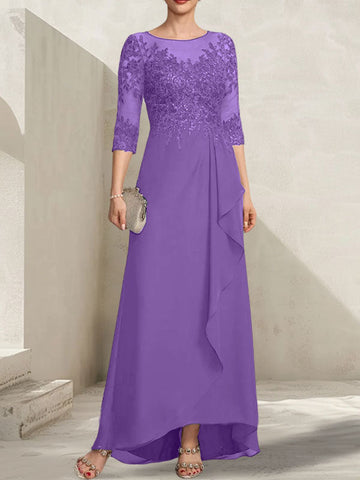 A-line Scoop Illusion Asymmetrical Lace Chiffon Mother of the Bride Dress With Sequins Cascading Ruffles