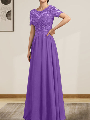 A-line Scoop Illusion Floor-Length Chiffon Lace Mother of the Bride Dress With Sequins Beading