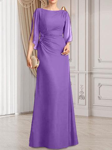 Vestido de corte recto/columna, largo hasta el suelo, de gasa, para la madre de la novia, con plisados ​​y cuentas.