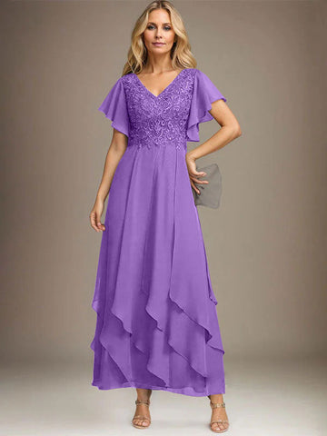 A-line V-Neck Ankle-Length Lace Chiffon Mother of the Bride Dress With Cascading Ruffles