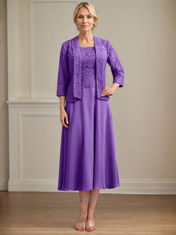 A-line Scoop Tea-Length Lace Chiffon Mother of the Bride Dress