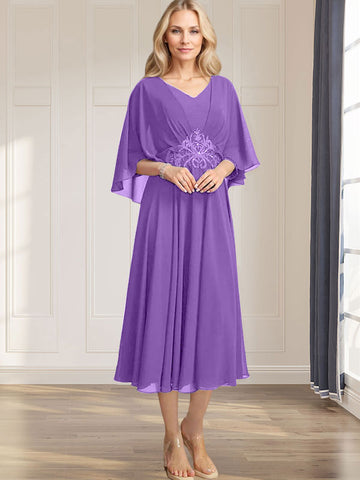A-line V-Neck Tea-Length Chiffon Mother of the Bride Dress With Pleated Sequins Appliques Lace Beadind