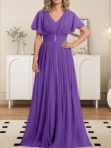 A-line V-Neck Floor-Length Chiffon Mother of the Bride Dress With Crystal Brooch Pleated