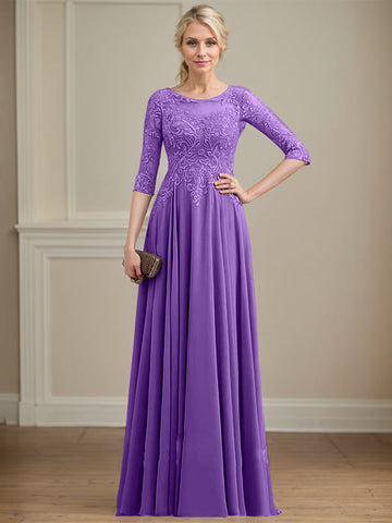 A-line Scoop Illusion Floor-Length Lace Chiffon Mother of the Bride Dress With Sequins