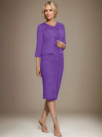 Sheath/Column Scoop Knee-Length Chiffon Lace Mother of the Bride Dress With Beading