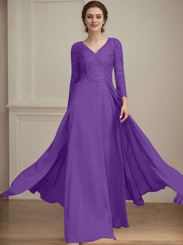 A-line V-Neck Floor-Length Lace Chiffon Mother of the Bride Dress With Sequins