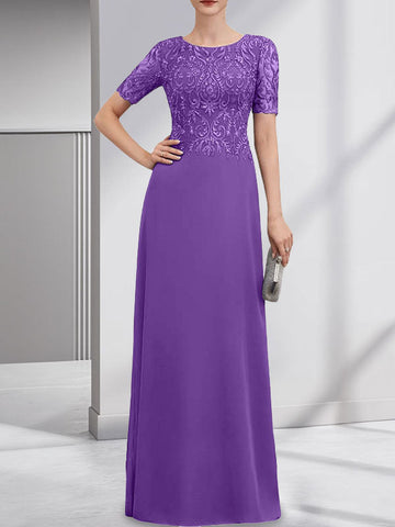 A-line Scoop Floor-Length Lace Chiffon Mother of the Bride Dress With Sequins