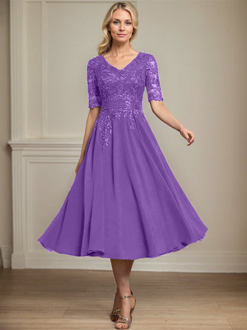 A-line V-Neck Tea-Length Lace Chiffon Mother of the Bride Dress With Sequins
