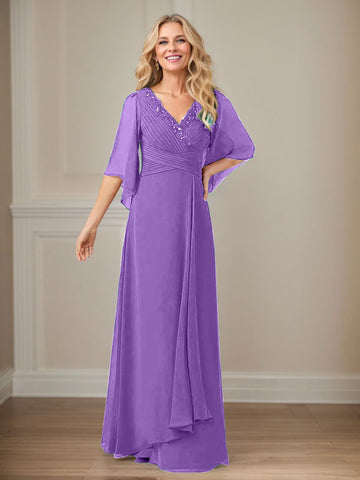 A-Line V-Neck Long Sequins Chiffon Mother Dress