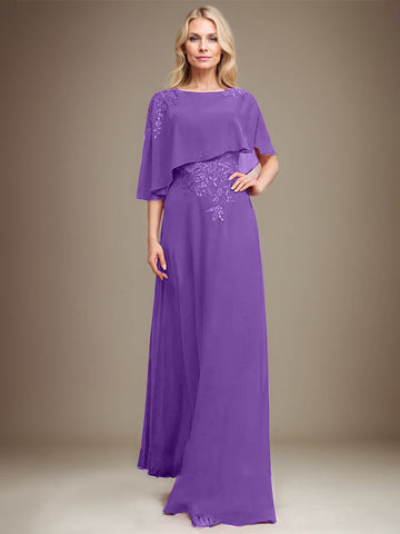 A-line Scoop Floor-Length Chiffon Lace Mother of the Bride Dress With Sequins Beading
