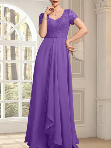 A-line Sweetheart Floor-Length Chiffon Lace Mother of the Bride Dress With Beading Cascading Ruffles