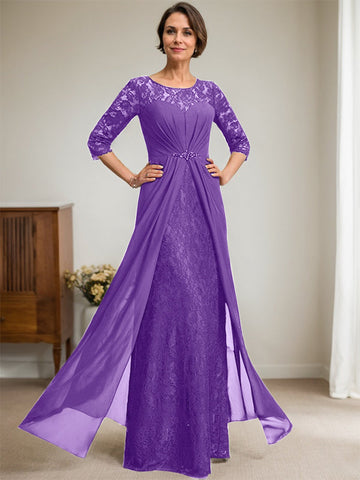 A-Line Scoop Illusion Floor-Length Lace Chiffon Mother Of the Bride Dress With Beading Ruffles