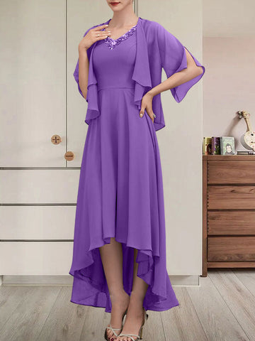 A-line V-Neck Asymmetrical Chiffon Mother of the Bride Dress With Beading Sequins