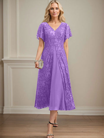 A-line V-Neck Tea-Length Lace Chiffon Mother of the Bride Dress