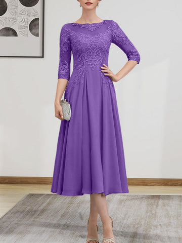 A-line Scoop Illusion Tea-Length Chiffon Lace Mother of the Bride Dress With Beading Sequins