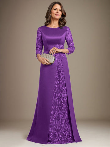 A-Line Scoop Floor-Length Lace Satin Mother Of the Bride Dress With Applique