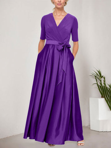 Surplice Neckline Ballgown with Full Satin Skirt & Jersey Bodice