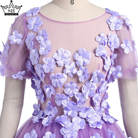 Sale Purple Flowers Beading Short Sleeves Tulle Wedding Dresses O-Neck Photography Bride Gown 2025 HA2025