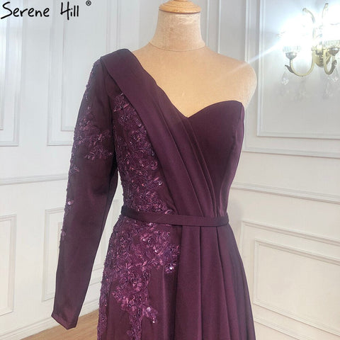 Purple Sexy One Shoulder Satin Evening Dresses 2025 Mermaid Beading Formal Dress LA70318