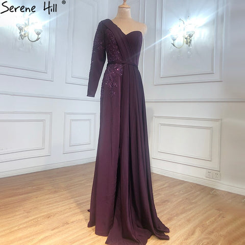 Purple Sexy One Shoulder Satin Evening Dresses 2025 Mermaid Beading Formal Dress LA70318