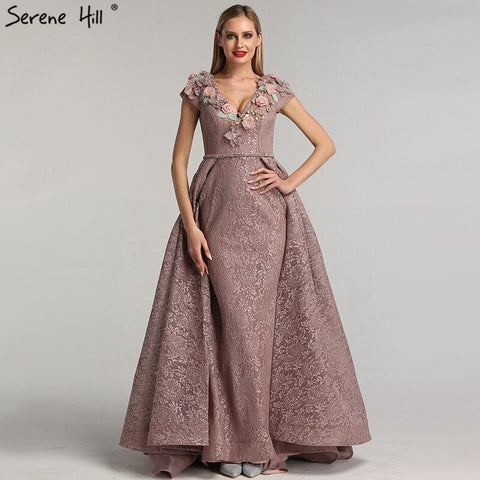 On Sale no return no refundSale Purple V-Neck Handmade Flowers Lace Evening Dresses 2025 Sleeveless Mermaid Sexy Evening Gowns LA60764