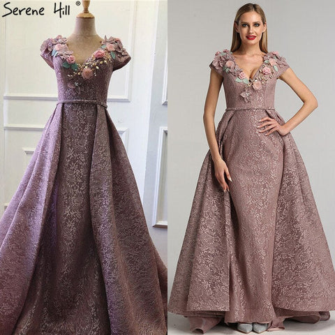 On Sale no return no refundSale Purple V-Neck Handmade Flowers Lace Evening Dresses 2025 Sleeveless Mermaid Sexy Evening Gowns LA60764