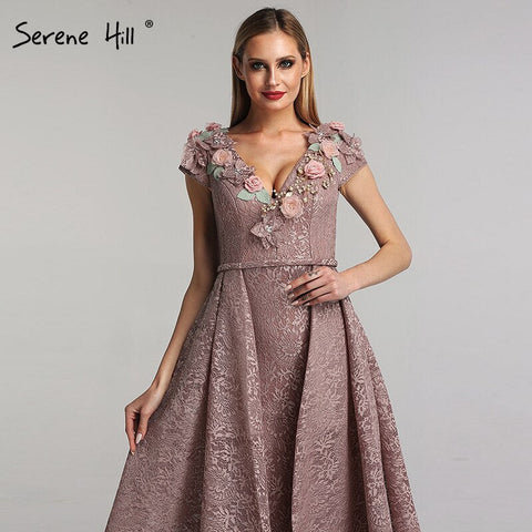 On Sale no return no refundSale Purple V-Neck Handmade Flowers Lace Evening Dresses 2025 Sleeveless Mermaid Sexy Evening Gowns LA60764