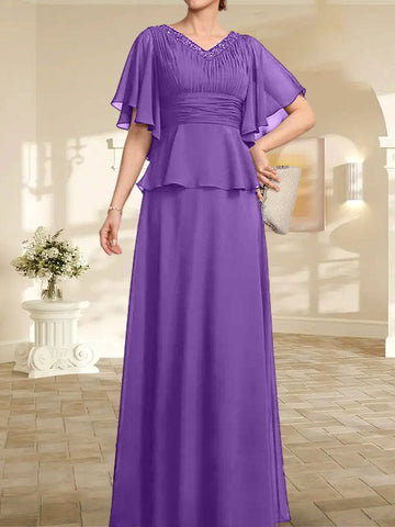 A-line V-Neck Floor-Length Chiffon Mother of the Bride Dress With Pleated Beading