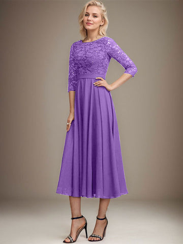 A-line Scoop Tea-Length Lace Chiffon Mother of the Bride Dress With Sequins