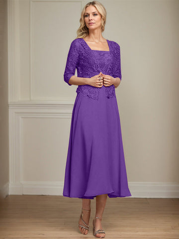 A-line Square Tea-Length Chiffon Lace Mother of the Bride Dress With Sequins Beading