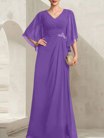 Sheath/Column V-Neck Floor-Length Chiffon Mother of the Bride Dress With Pleated Sequins Beading