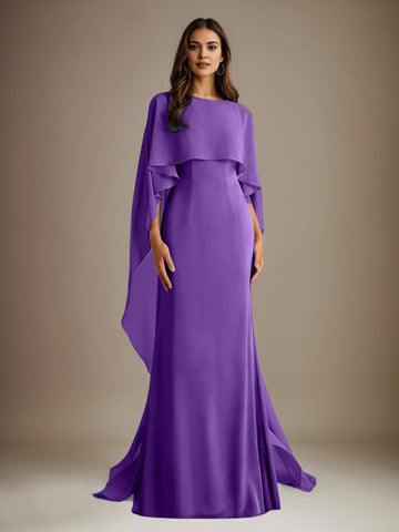 Sheath/Column Boatneck Floor-Length Chiffon Mother of the Bride Dress With Cascading Ruffles