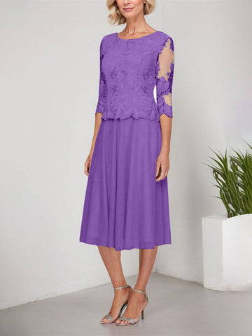 A-line Scoop Tea-Length Lace Chiffon Mother of the Bride Dress With Embroidery
