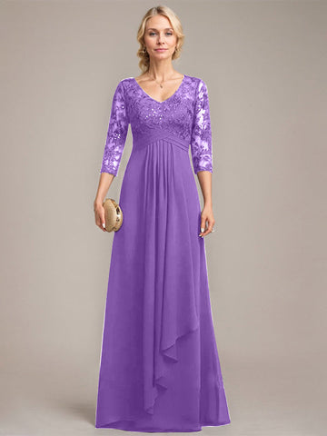 A-line V-Neck Floor-Length Lace Chiffon Mother of the Bride Dress With Cascading Ruffles Sequins