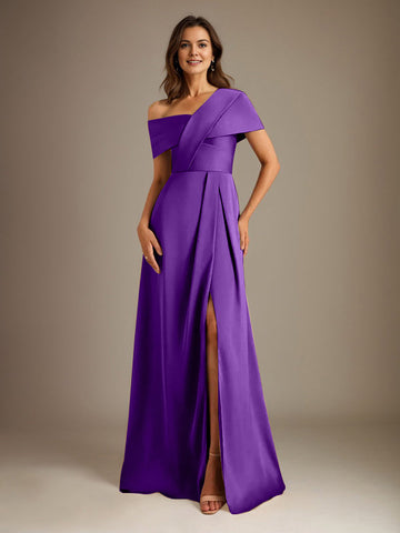 A-Line Asymmetrical Neckline Floor-Length Satin Mother of the Bride Dress With Pleated