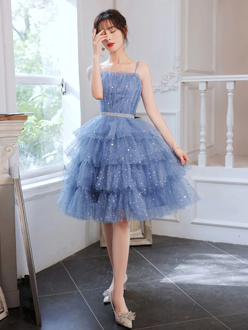 Robe de bal courte bleue bouffante en tulle Y2620