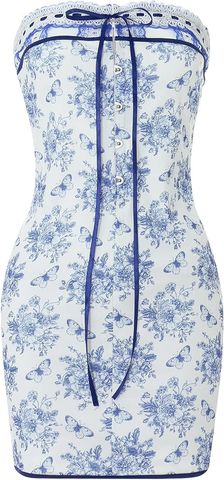 Vestido corto de fiesta sin tirantes con corsé floral azul, estampado de flores y mariposas Y2664