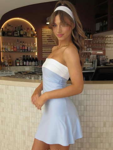 Vestido tubo corto sin mangas y sin tirantes para mujer, estilo casual patchwork, ajustado, para la playa, vacaciones, fiesta o regreso a casa Y7261