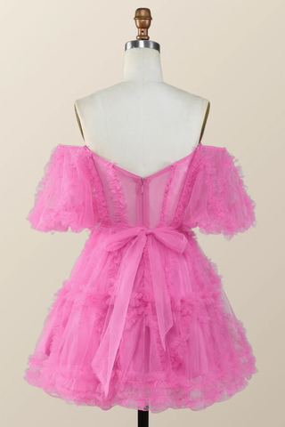 Vestido corto de fiesta de bienvenida rosa fucsia con volantes y hombros descubiertos Y2783