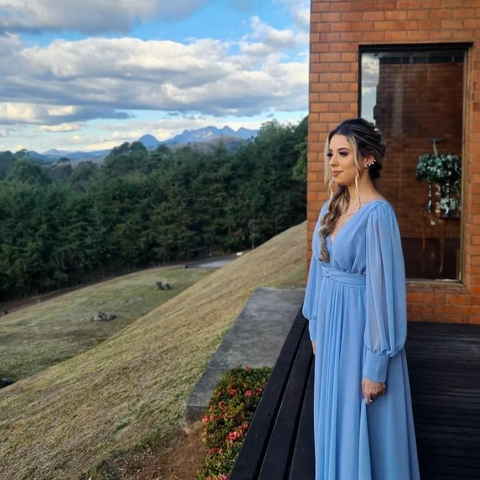 Vestido de noche largo vintage azul con escote en V, corte en A, de gasa plisada hasta el tobillo, modelo Y5048