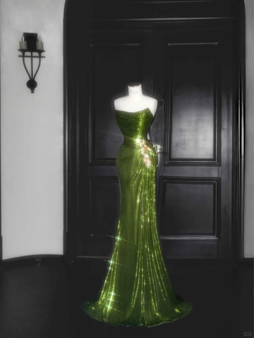 Robe de bal longue sirène à sequins verts sans bretelles, modèle unique Y8659