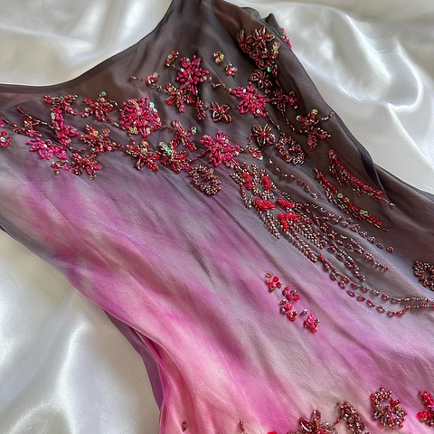 Precioso vestido de noche de gasa con tirantes finos y cuentas, estilo sirena, modelo Y8222