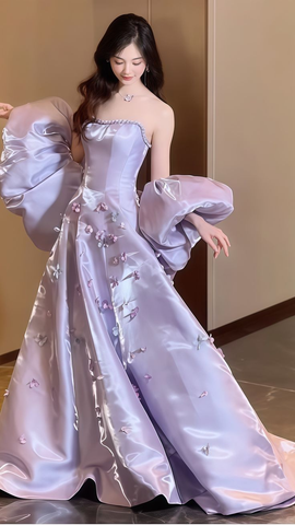 Precioso vestido de fiesta con apliques de satén lila, corte en A, sin tirantes, modelo Y7903