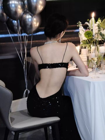 Vestido de noche negro con lentejuelas brillantes, sexy, sin espalda, modelo Y1124