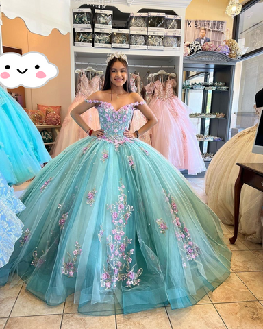 Robe de bal princesse bleu lac, fleurs 3D, robe de quinceañera épaules dénudées, appliques perlées, robe maxi sweet 16 Y2632