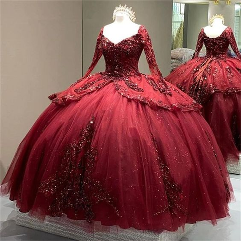 Vestido de quinceañera burdeos brillante, manga larga, corsé con cordones, flores, lentejuelas, estilo princesa, vestido de baile de 15 años Y5388